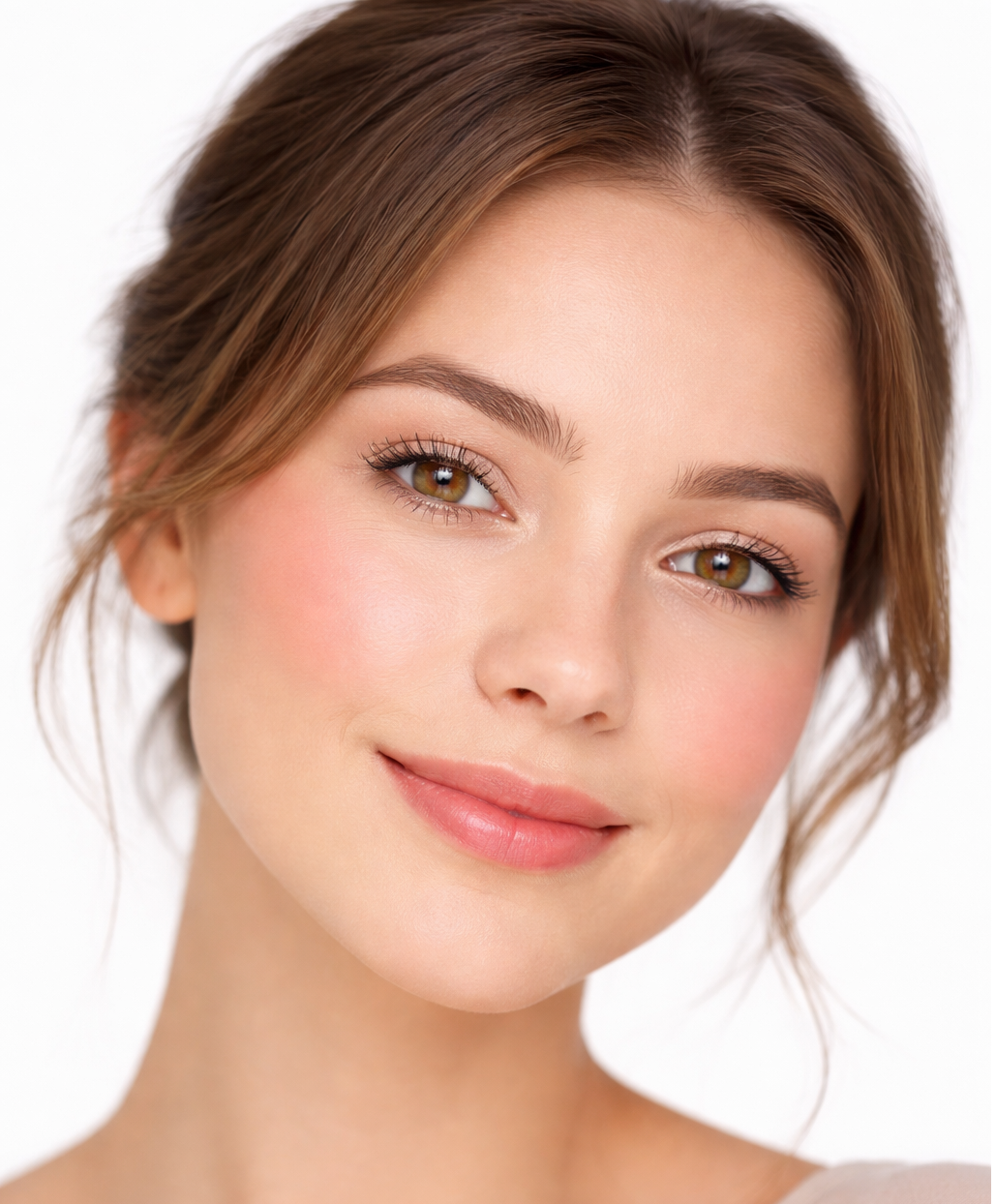 Beginner natural makeup look with blush and mascara