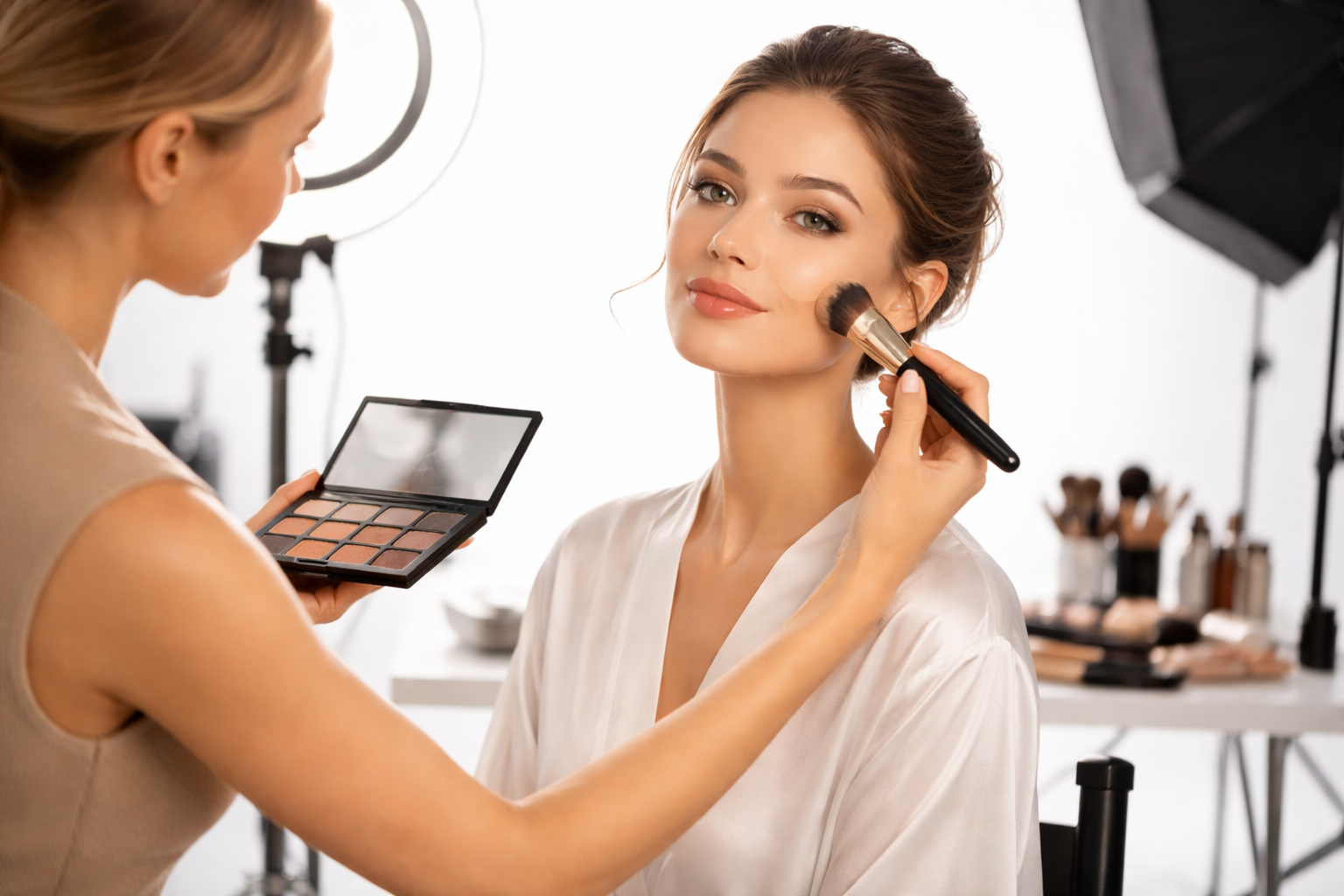 Makeup artist applying foundation with professional brushes on a photoshoot set
