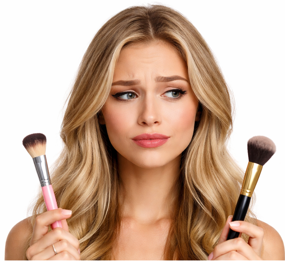 women holding a cheap makeup brush and a expensive makeup brush