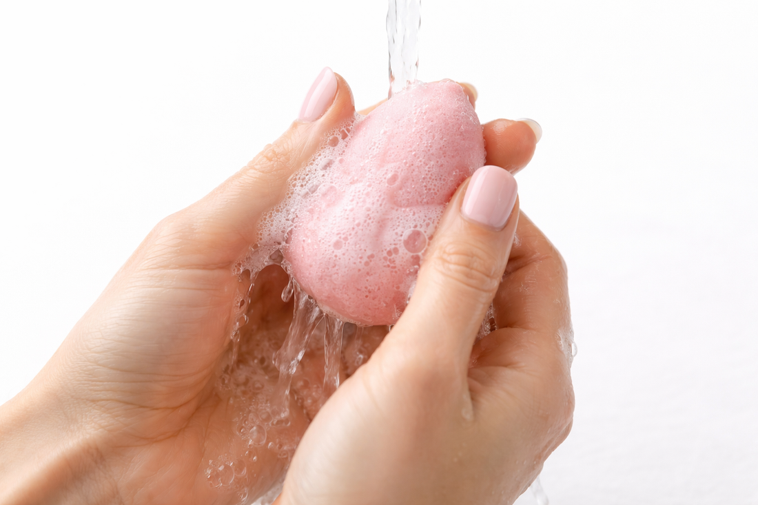 Cleaning a makeup sponge under warm water with cleanser