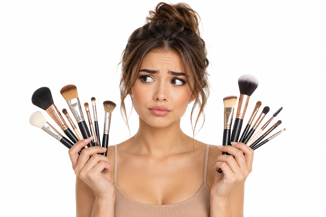 Confused woman holding various makeup brushes against a white background